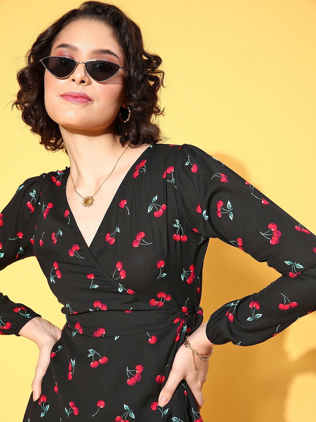 Folk Republic Women Black & Red Cherry Printed V-Neck Waist Tie-Up Tulip Hem Wrap Mini Dress - #folk republic#