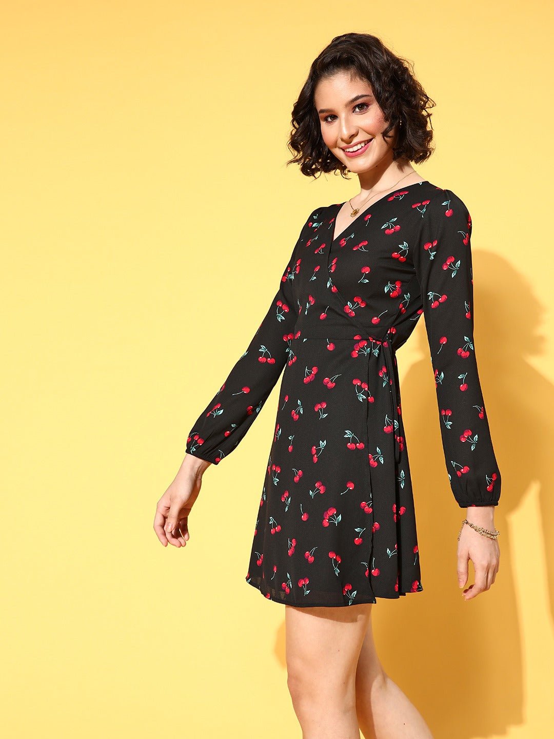 Folk Republic Women Black & Red Cherry Printed V-Neck Waist Tie-Up Tulip Hem Wrap Mini Dress - #folk republic#