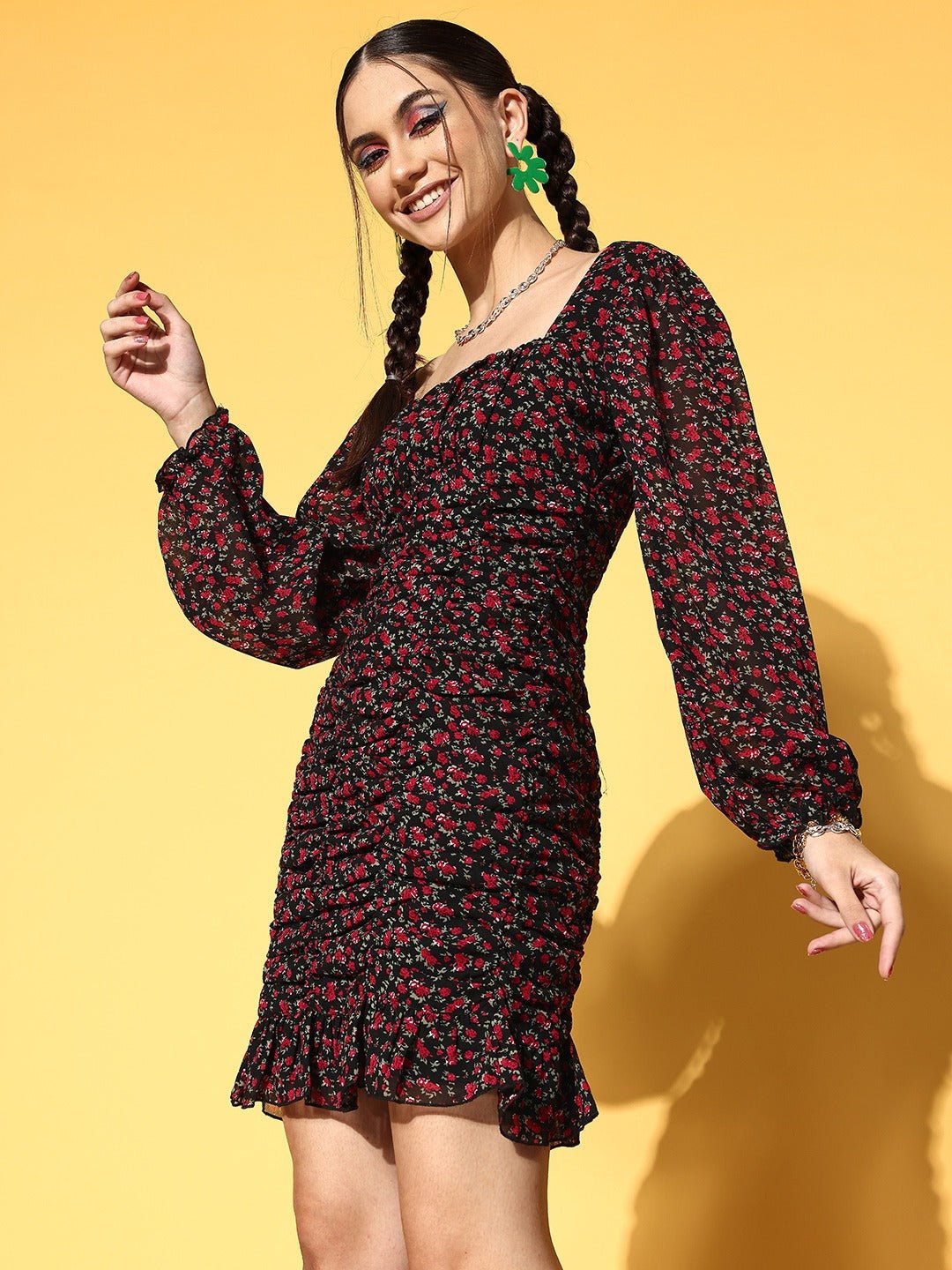 Folk Republic Women Black & Red Ditsy Floral Printed Square Neck Georgette Ruched Bodycon Mini Dress - #folk republic#