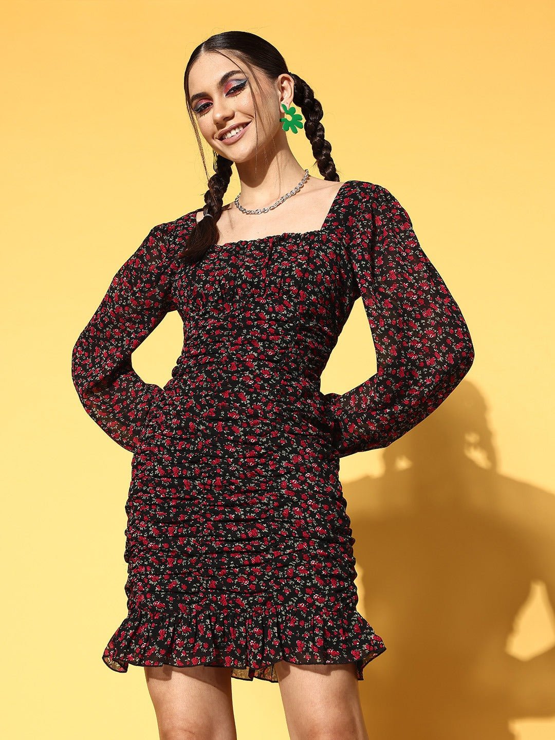 Folk Republic Women Black & Red Ditsy Floral Printed Square Neck Georgette Ruched Bodycon Mini Dress - #folk republic#