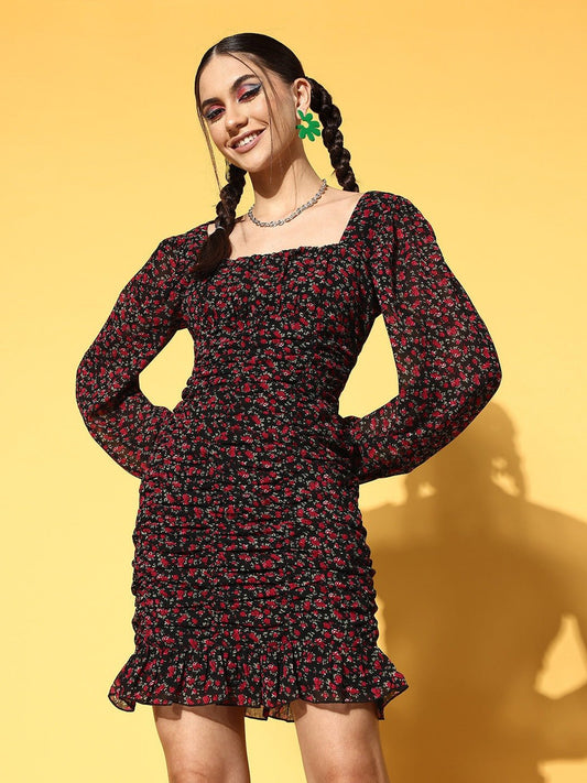 Folk Republic Women Black & Red Ditsy Floral Printed Square Neck Georgette Ruched Bodycon Mini Dress - #folk republic#