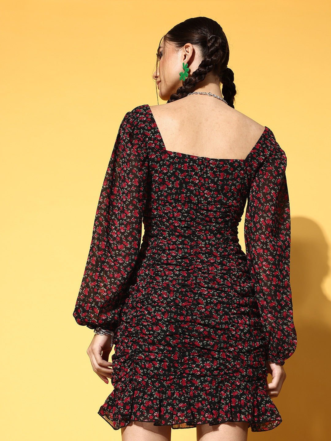 Folk Republic Women Black & Red Ditsy Floral Printed Square Neck Georgette Ruched Bodycon Mini Dress - #folk republic#