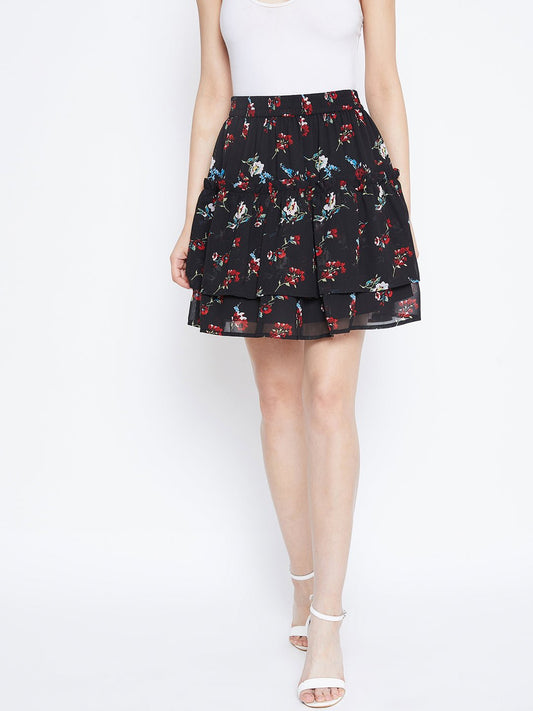 Folk Republic Women Black & Red Floral Print Layered Slip-On Mini Skirt - #folk republic#