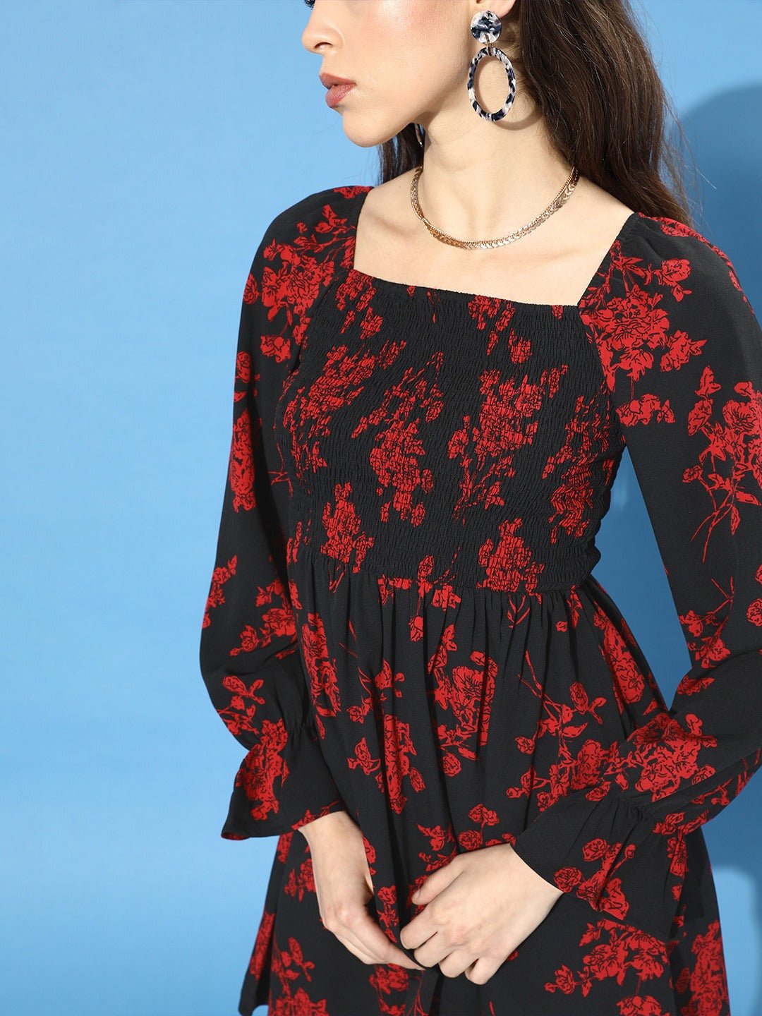 Folk Republic Women Black & Red Floral Printed Crepe A-Line Midi Dress - #folk republic#