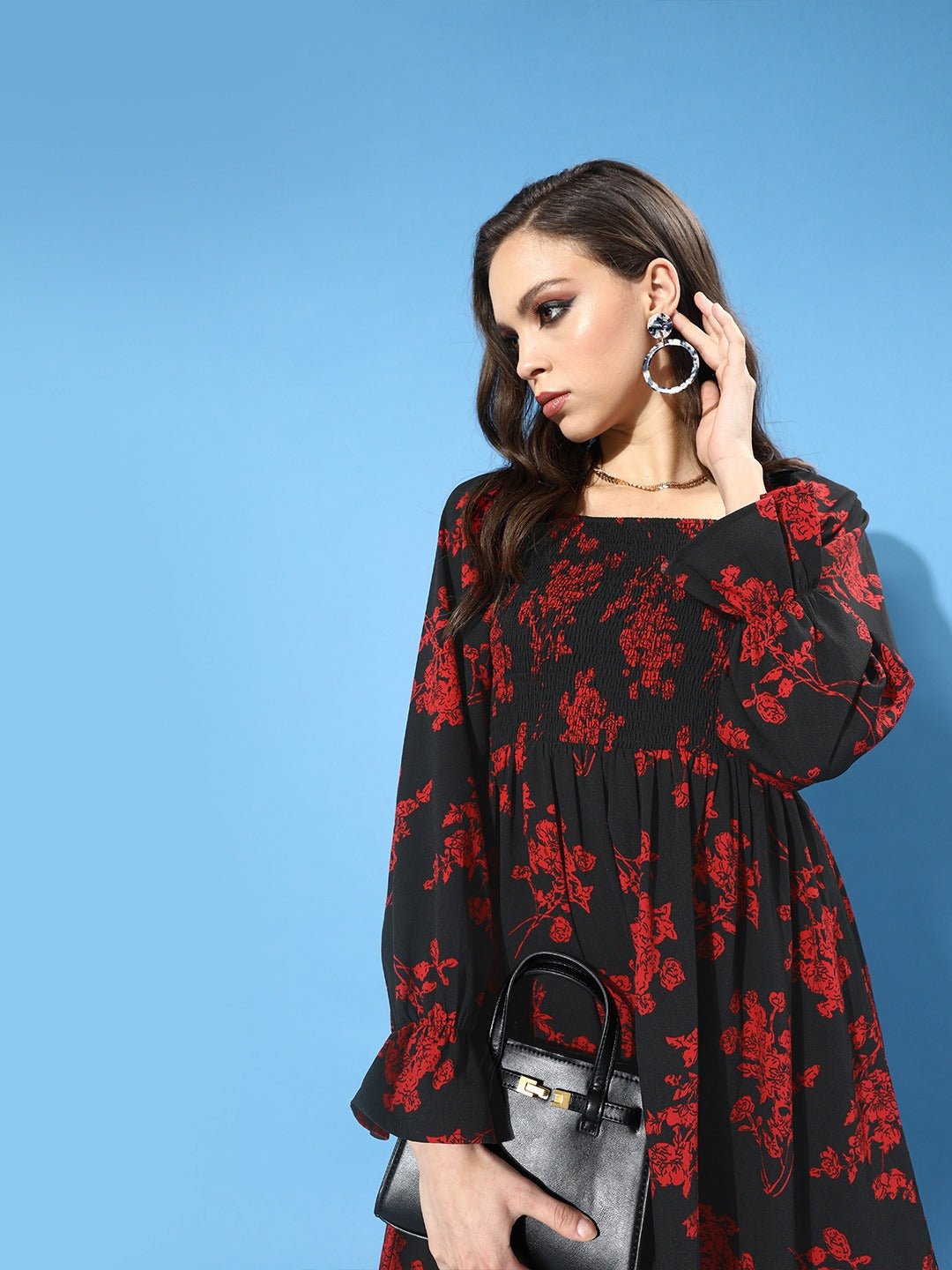 Folk Republic Women Black & Red Floral Printed Crepe A-Line Midi Dress - #folk republic#