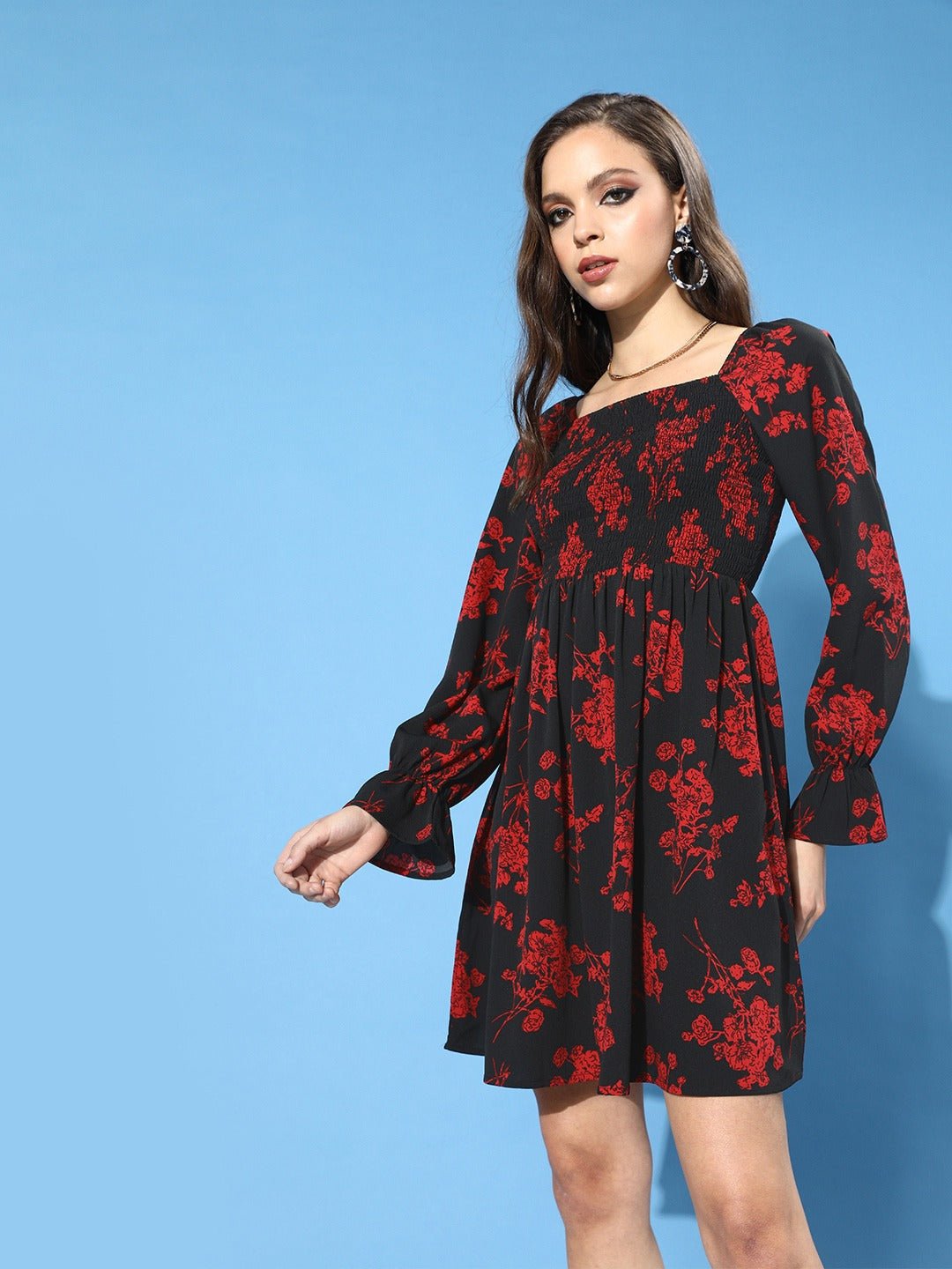Folk Republic Women Black & Red Floral Printed Crepe A-Line Midi Dress - #folk republic#