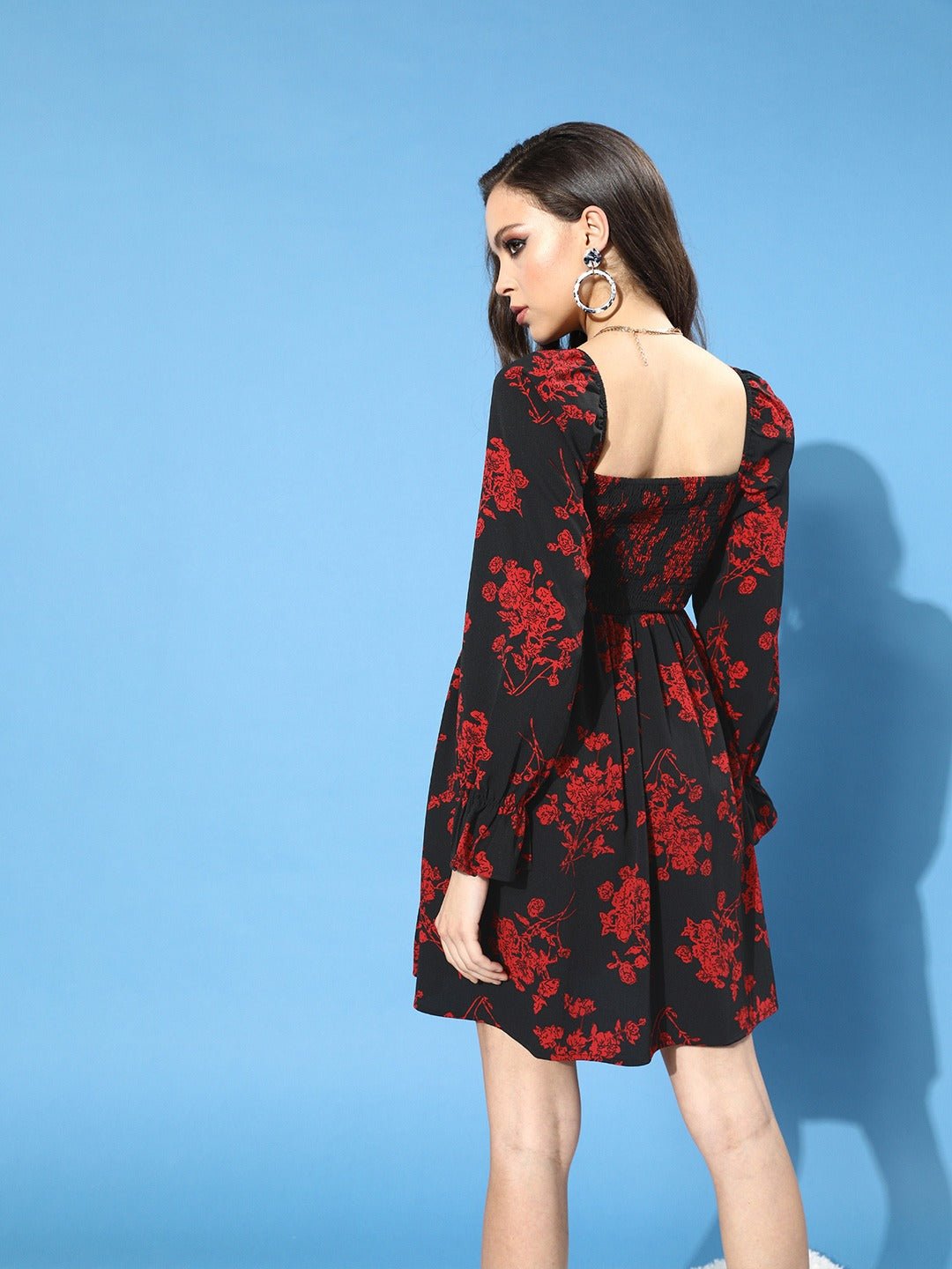 Folk Republic Women Black & Red Floral Printed Crepe A-Line Midi Dress - #folk republic#