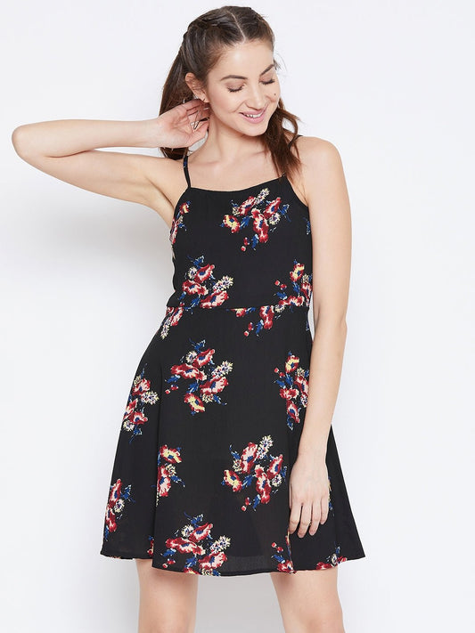 Folk Republic Women Black & Red Floral Printed Sleeveless Fit & Flare Mini Dress - #folk republic#
