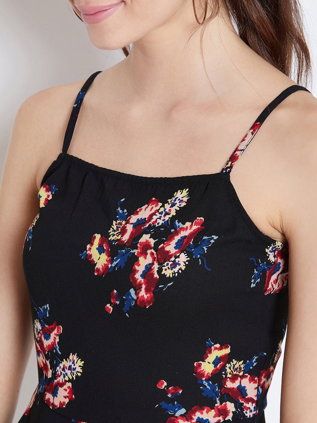 Folk Republic Women Black & Red Floral Printed Sleeveless Fit & Flare Mini Dress - #folk republic#