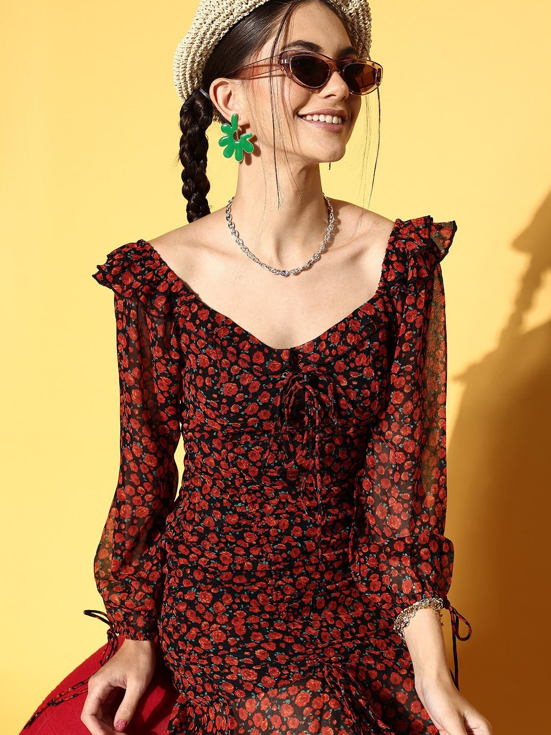 Folk Republic Women Black & Red Floral Printed Sweetheart Neck Georgette Tie-Up Flounce Hem Ruffled Bodycon Mini Dress - #folk republic#