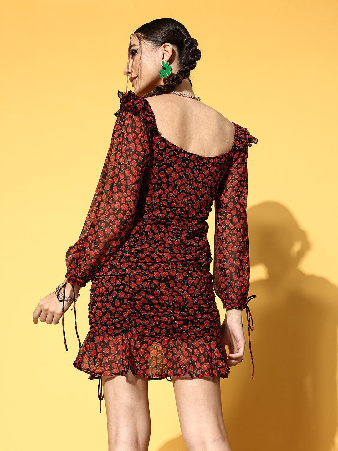 Folk Republic Women Black & Red Floral Printed Sweetheart Neck Georgette Tie-Up Flounce Hem Ruffled Bodycon Mini Dress - #folk republic#