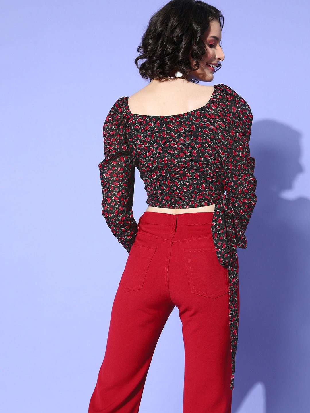 Folk Republic Women Black & Red Floral Printed Sweetheart Neck Waist Tie-Up Wrap Crop Top - #folk republic#