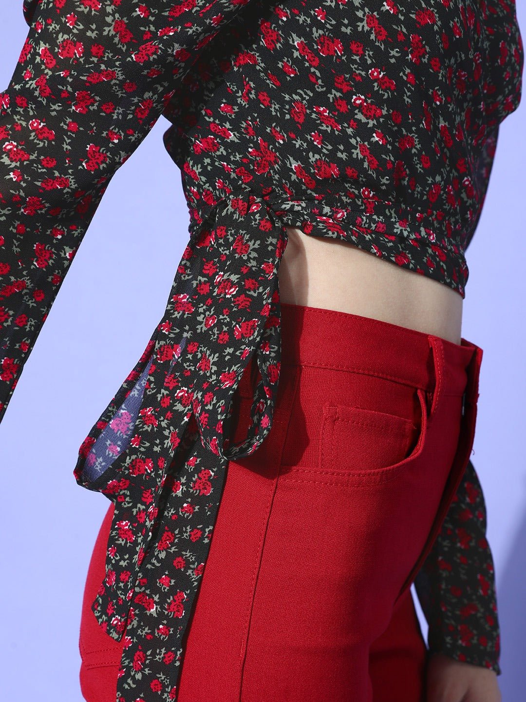 Folk Republic Women Black & Red Floral Printed Sweetheart Neck Waist Tie-Up Wrap Crop Top - #folk republic#