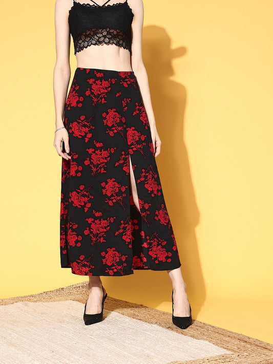 Folk Republic Women Black & Red Floral Printed Thigh-High Slit Flared A-Line Midi Skirt - #folk republic#
