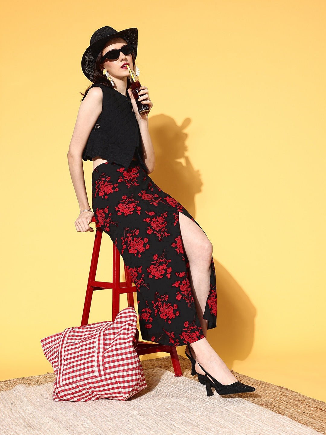Folk Republic Women Black & Red Floral Printed Thigh-High Slit Flared A-Line Midi Skirt - #folk republic#