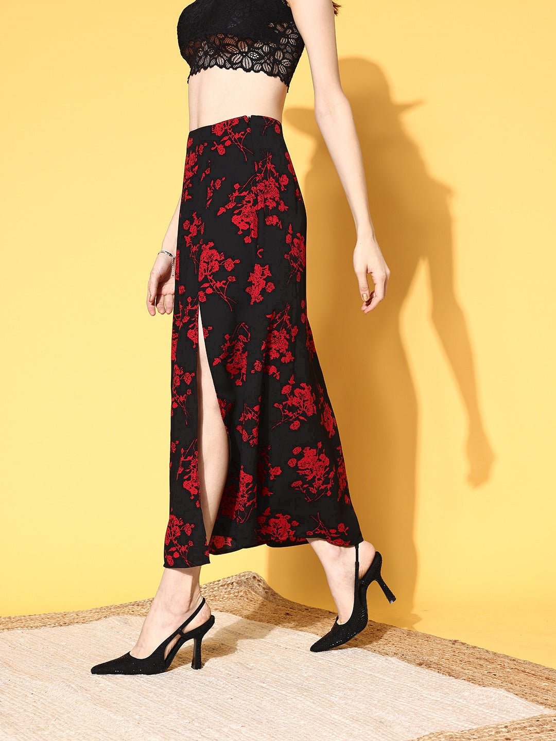 Folk Republic Women Black & Red Floral Printed Thigh-High Slit Flared A-Line Midi Skirt - #folk republic#