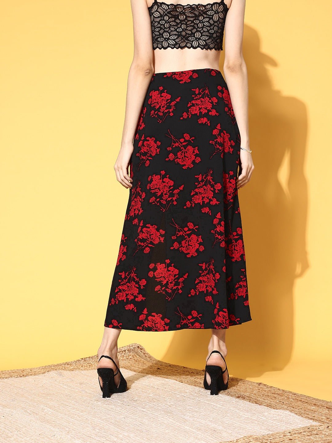 Folk Republic Women Black & Red Floral Printed Thigh-High Slit Flared A-Line Midi Skirt - #folk republic#