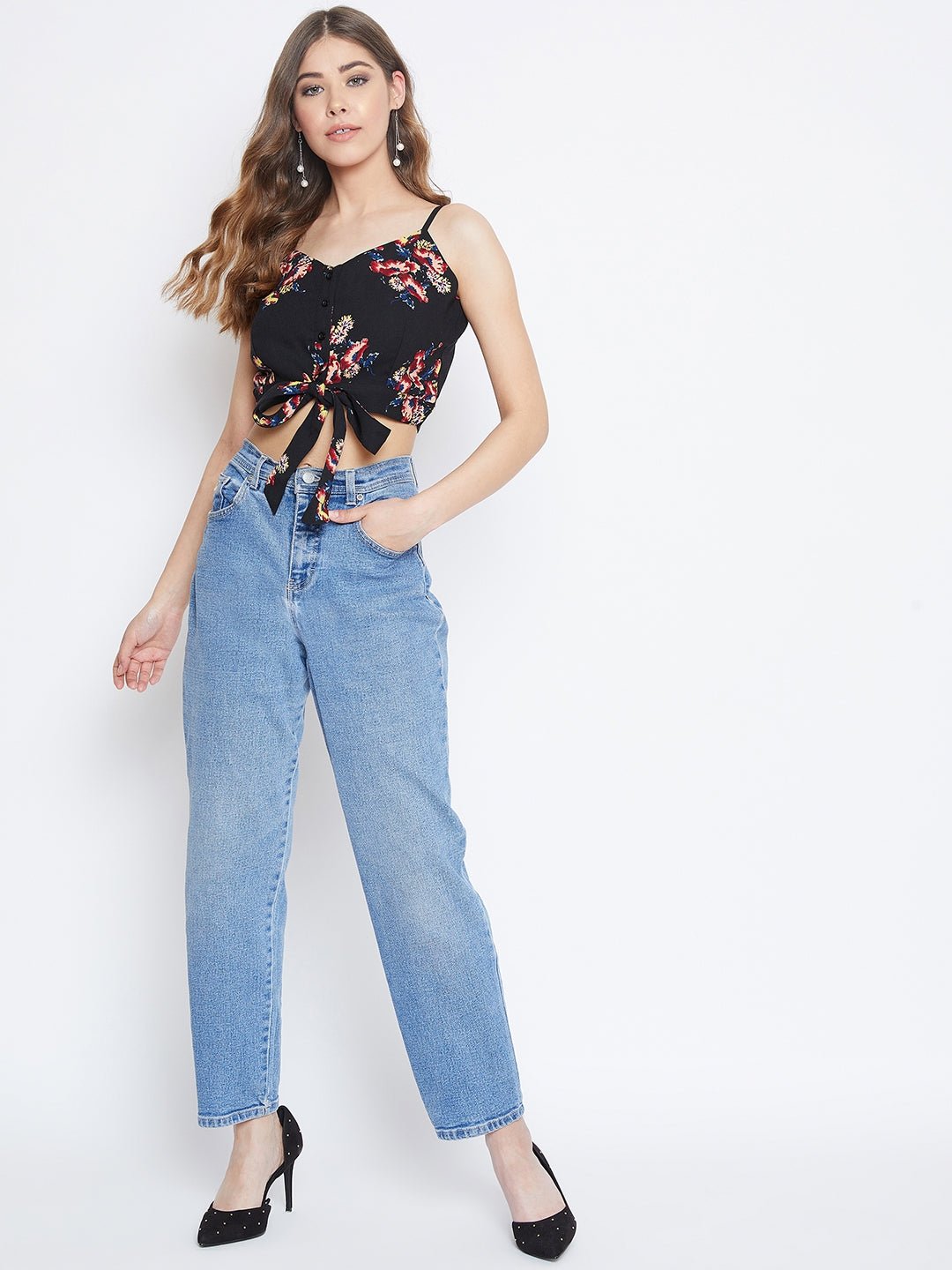 Folk Republic Women Black & Red Floral Printed Tie-Up Crop Top - #folk republic#