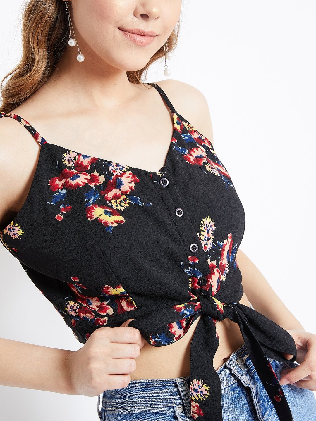 Folk Republic Women Black & Red Floral Printed Tie-Up Crop Top - #folk republic#
