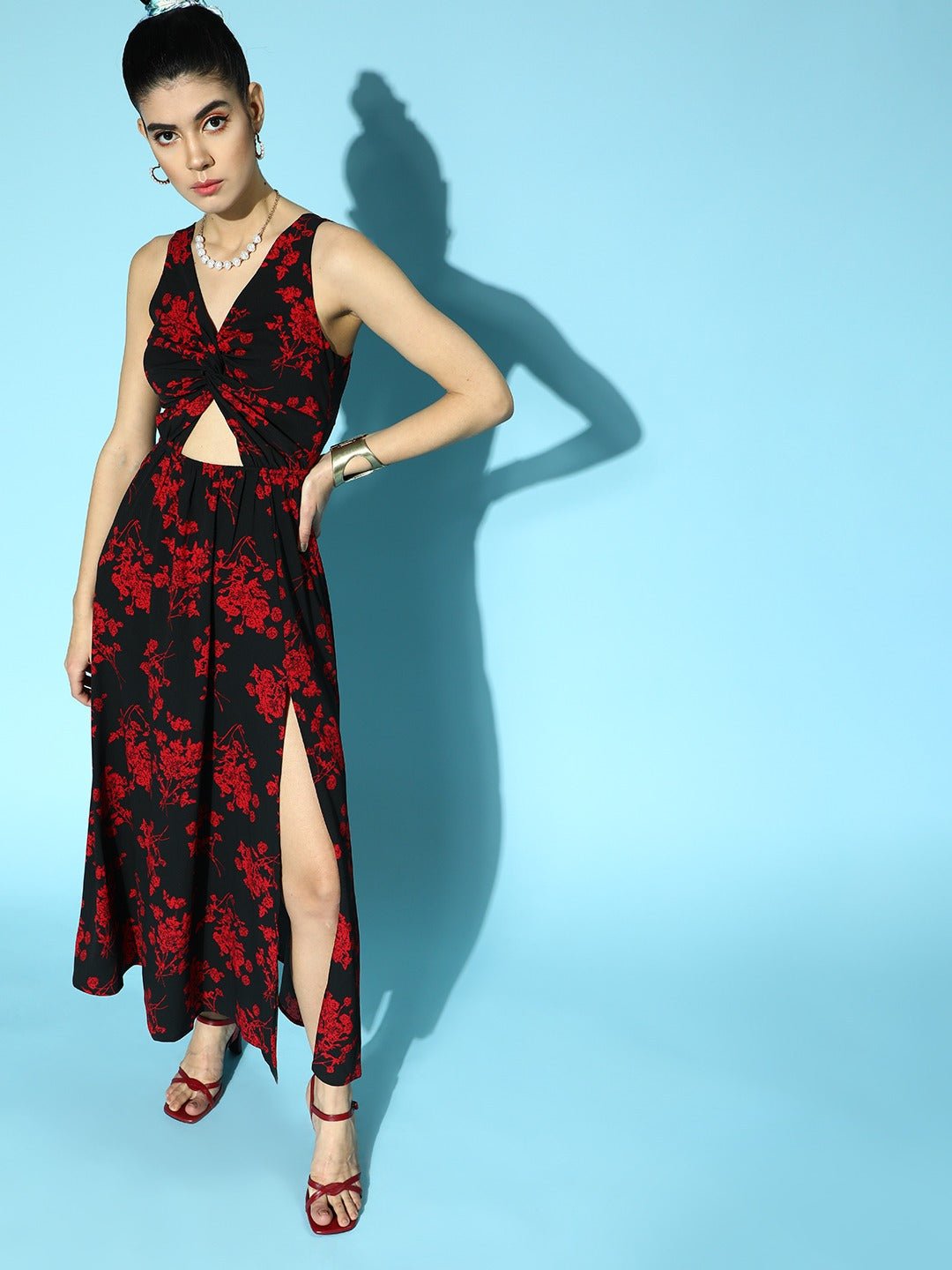 Folk Republic Women Black & Red Floral Printed V-Neck Front Cutout Thigh-High Slit Flared A-Line Maxi Dress - #folk republic#