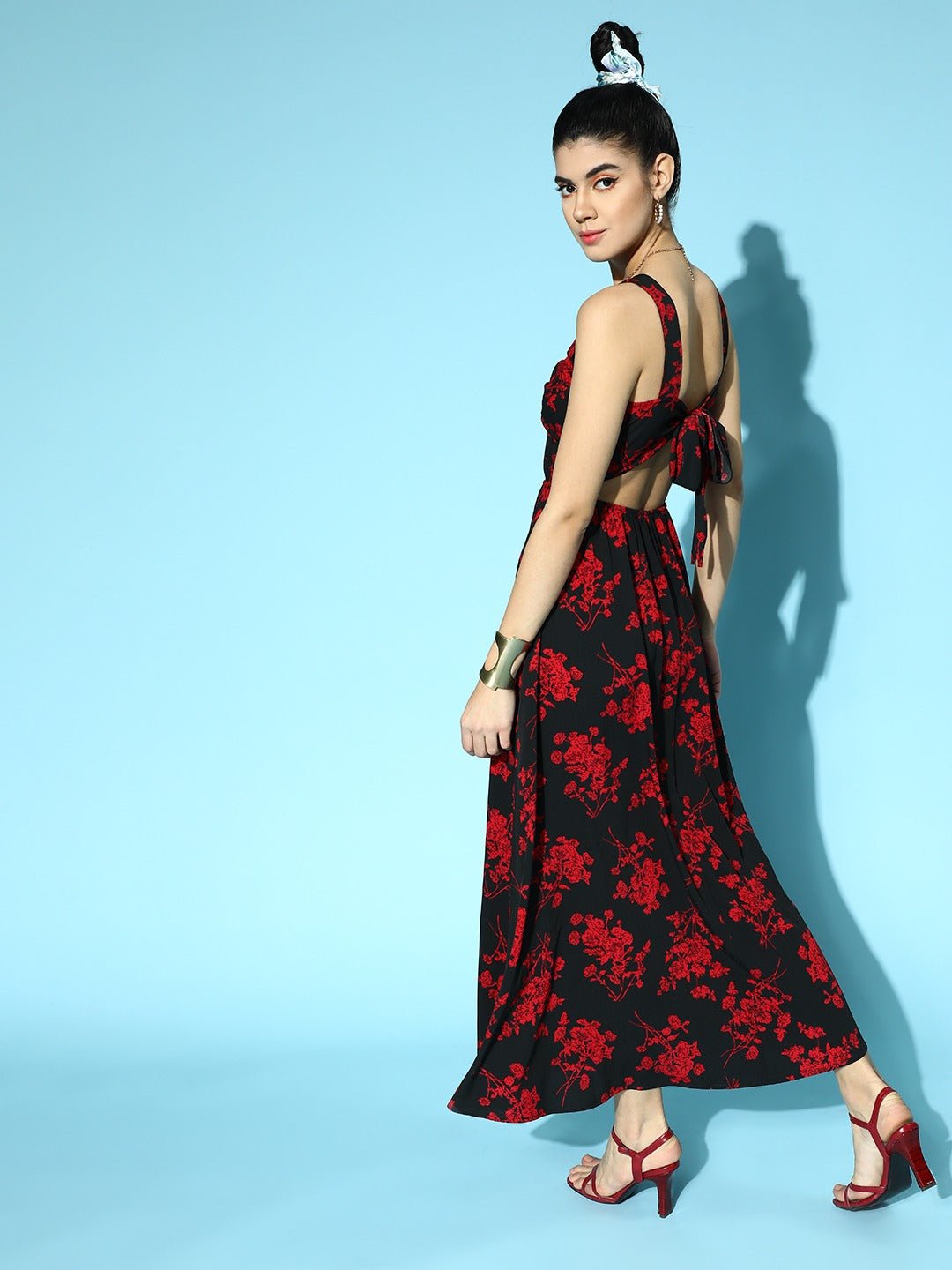 Folk Republic Women Black & Red Floral Printed V-Neck Front Cutout Thigh-High Slit Flared A-Line Maxi Dress - #folk republic#