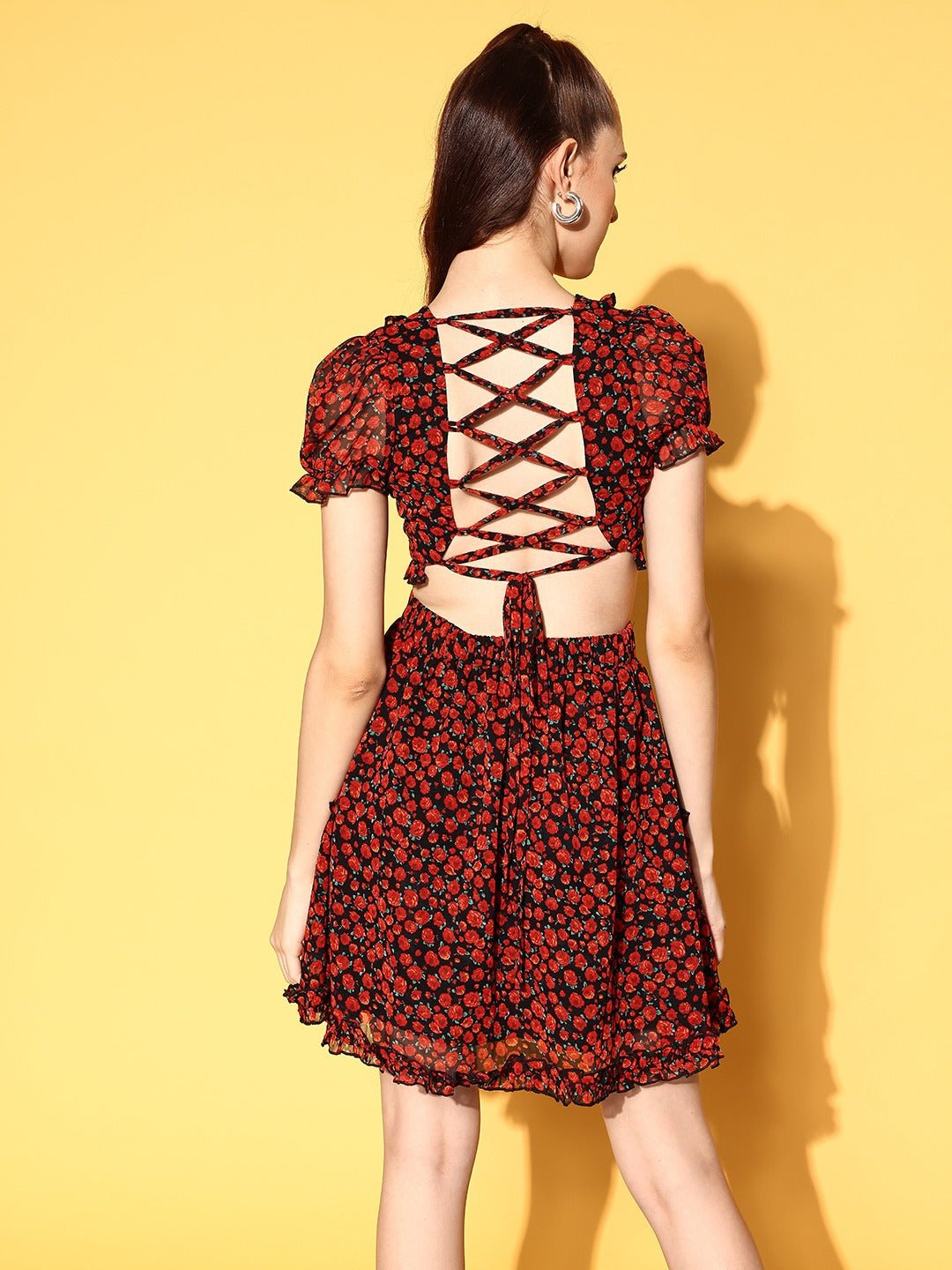 Folk Republic Women Black & Red Floral Printed V-Neck Georgette Cutout Tie-Up Back Flared A-line Mini Dress - #folk republic#