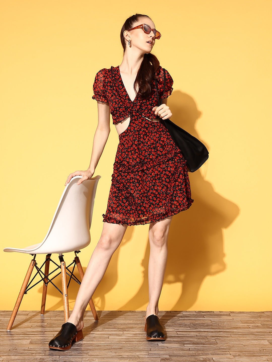 Folk Republic Women Black & Red Floral Printed V-Neck Georgette Cutout Tie-Up Back Flared A-line Mini Dress - #folk republic#