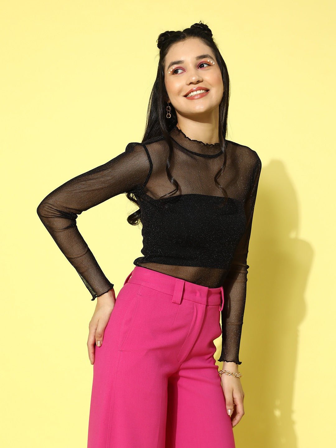 Folk Republic Women Black Shimmer High Neck Fitted Top - #folk republic#