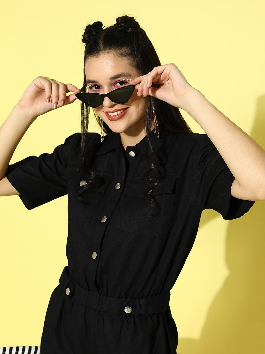 Folk Republic Women Black Solid Shirt Collar Pure Cotton Playsuit - #folk republic#