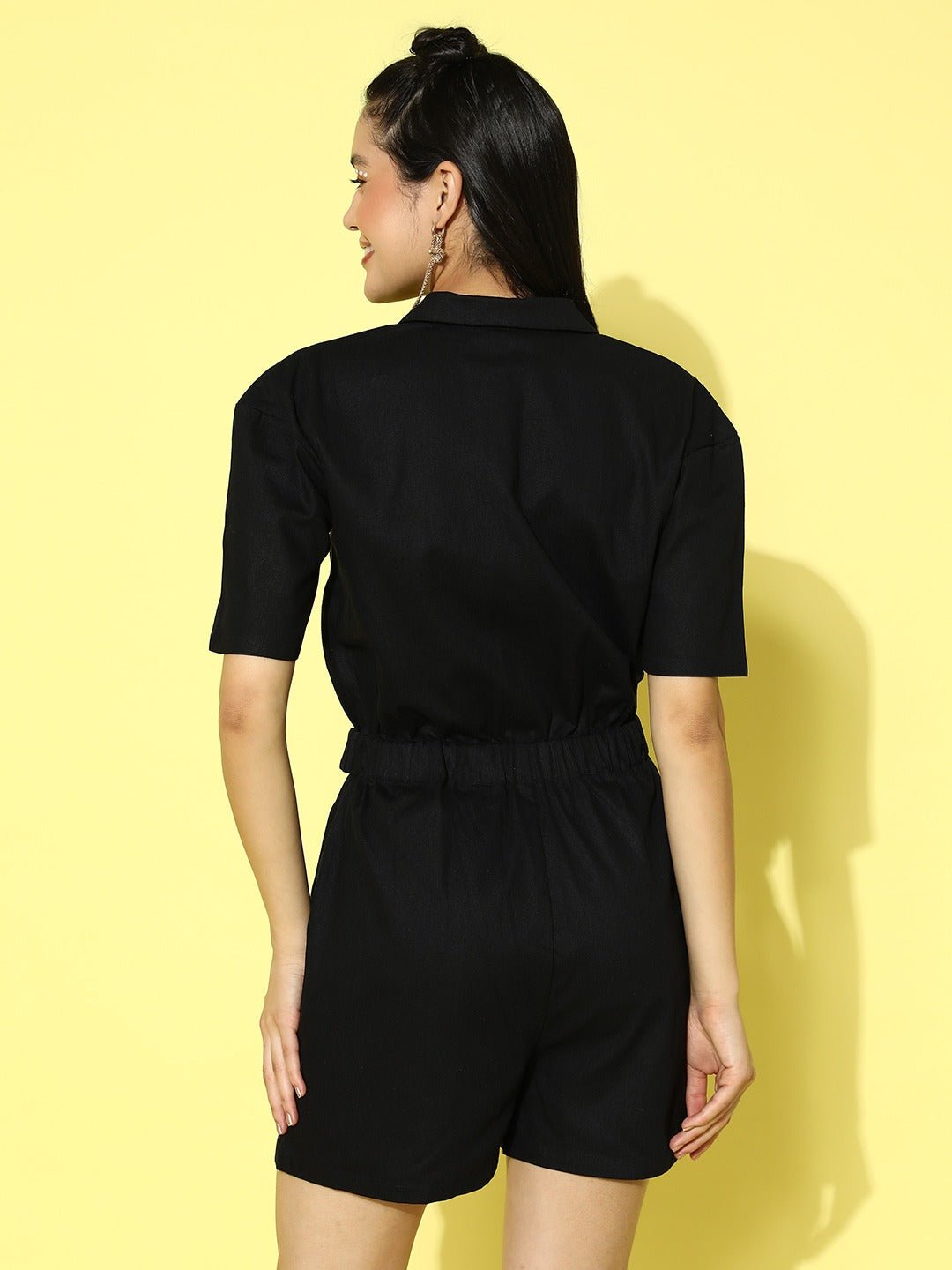 Folk Republic Women Black Solid Shirt Collar Pure Cotton Playsuit - #folk republic#