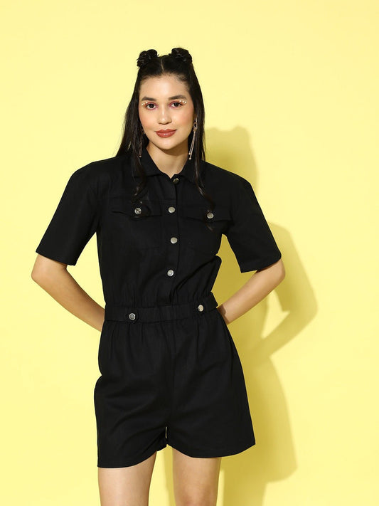 Folk Republic Women Black Solid Shirt Collar Pure Cotton Playsuit - #folk republic#