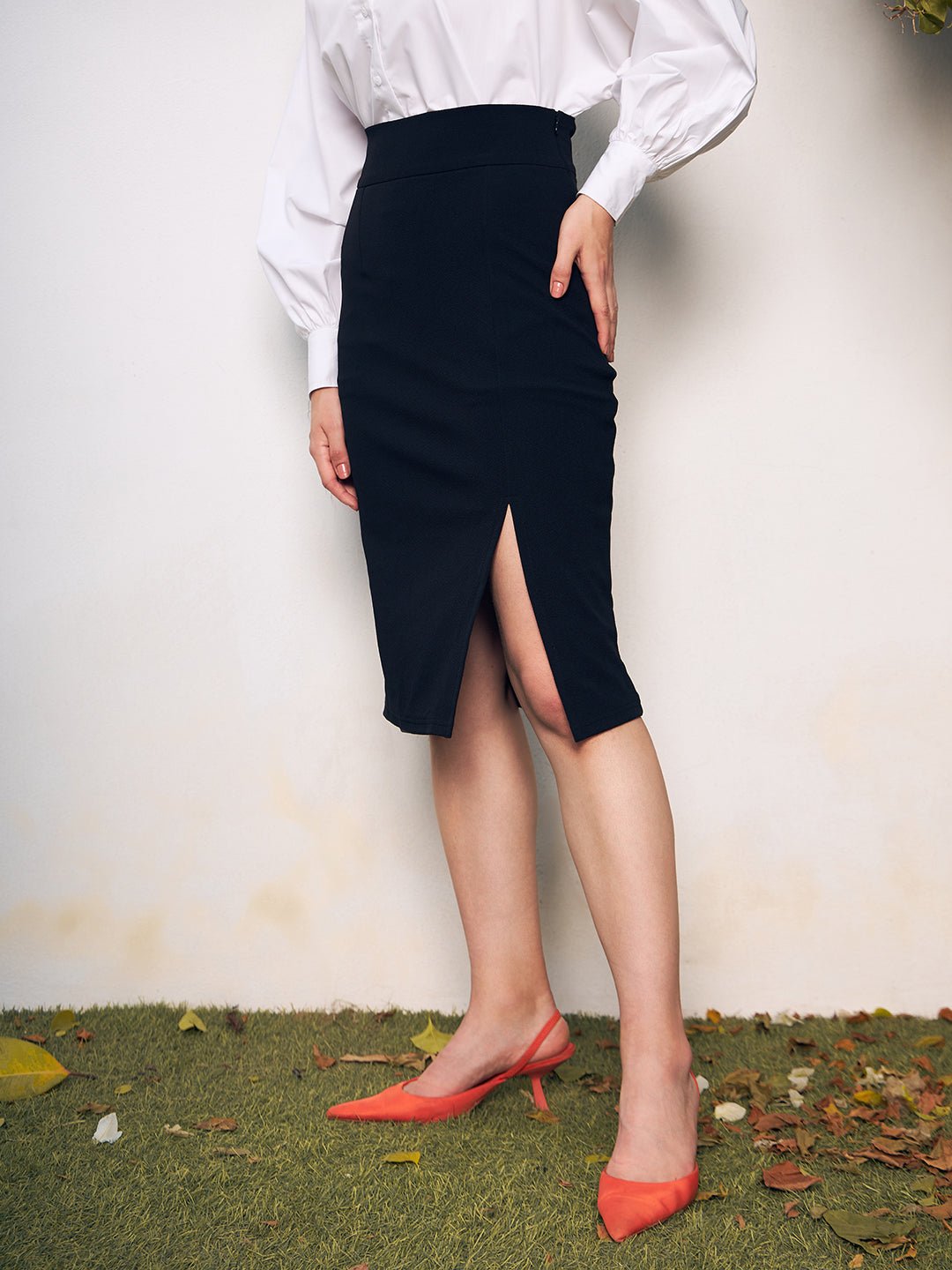 Folk Republic Women Black Split Thigh Pencil Midi Skirt - #folk republic#