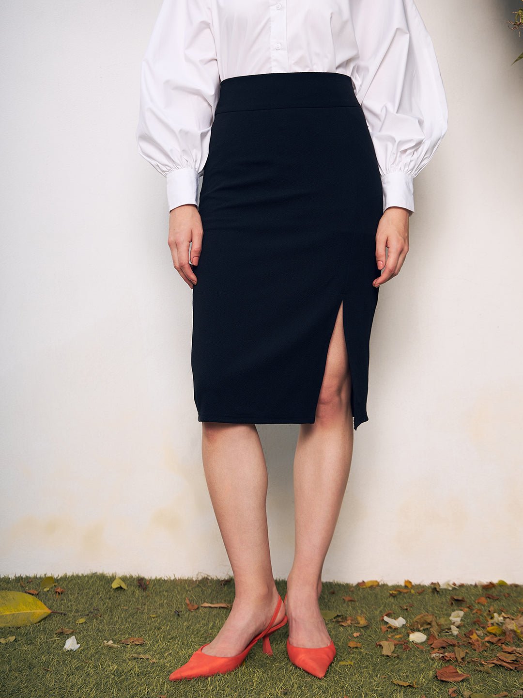 Folk Republic Women Black Split Thigh Pencil Midi Skirt - #folk republic#
