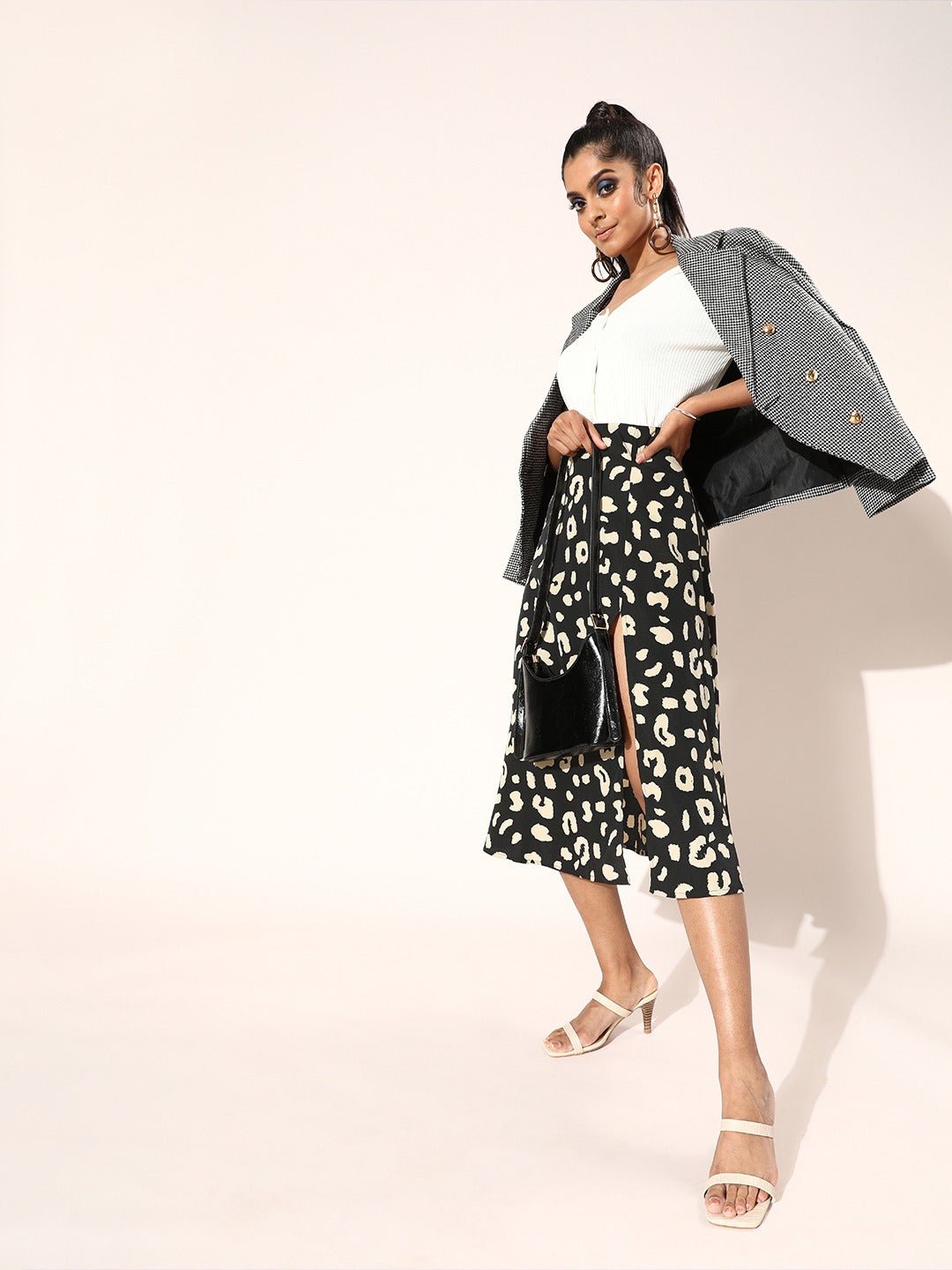 Folk Republic Women Black & White Abstract Printed Thigh-High Slit Straight A-Line Midi Skirt - #folk republic#