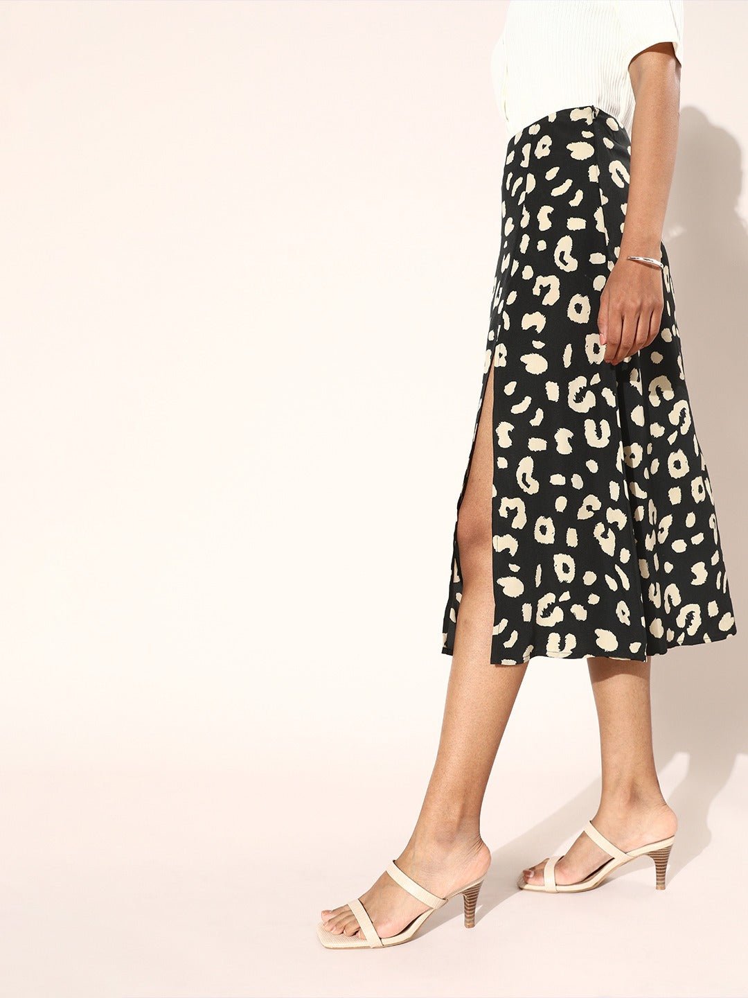 Folk Republic Women Black & White Abstract Printed Thigh-High Slit Straight A-Line Midi Skirt - #folk republic#