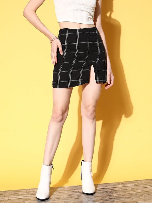 Folk Republic Women Black & White Check Printed Crepe Side-Slit Straight Hem Mini Skirt - #folk republic#