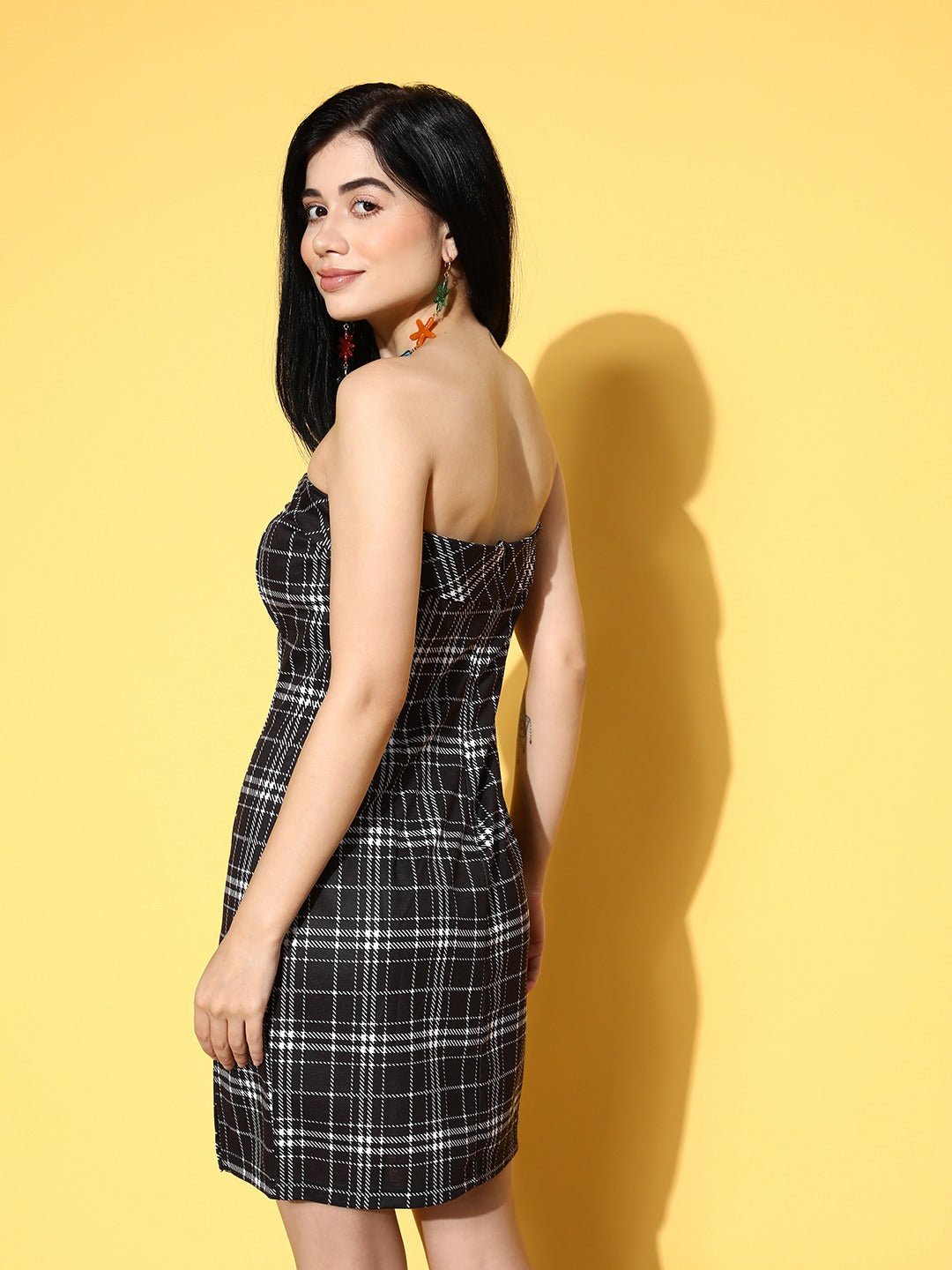 Folk Republic Women Black & White Checked Print Strapless Neck Side-Slitted Bodycon Mini Dress - #folk republic#