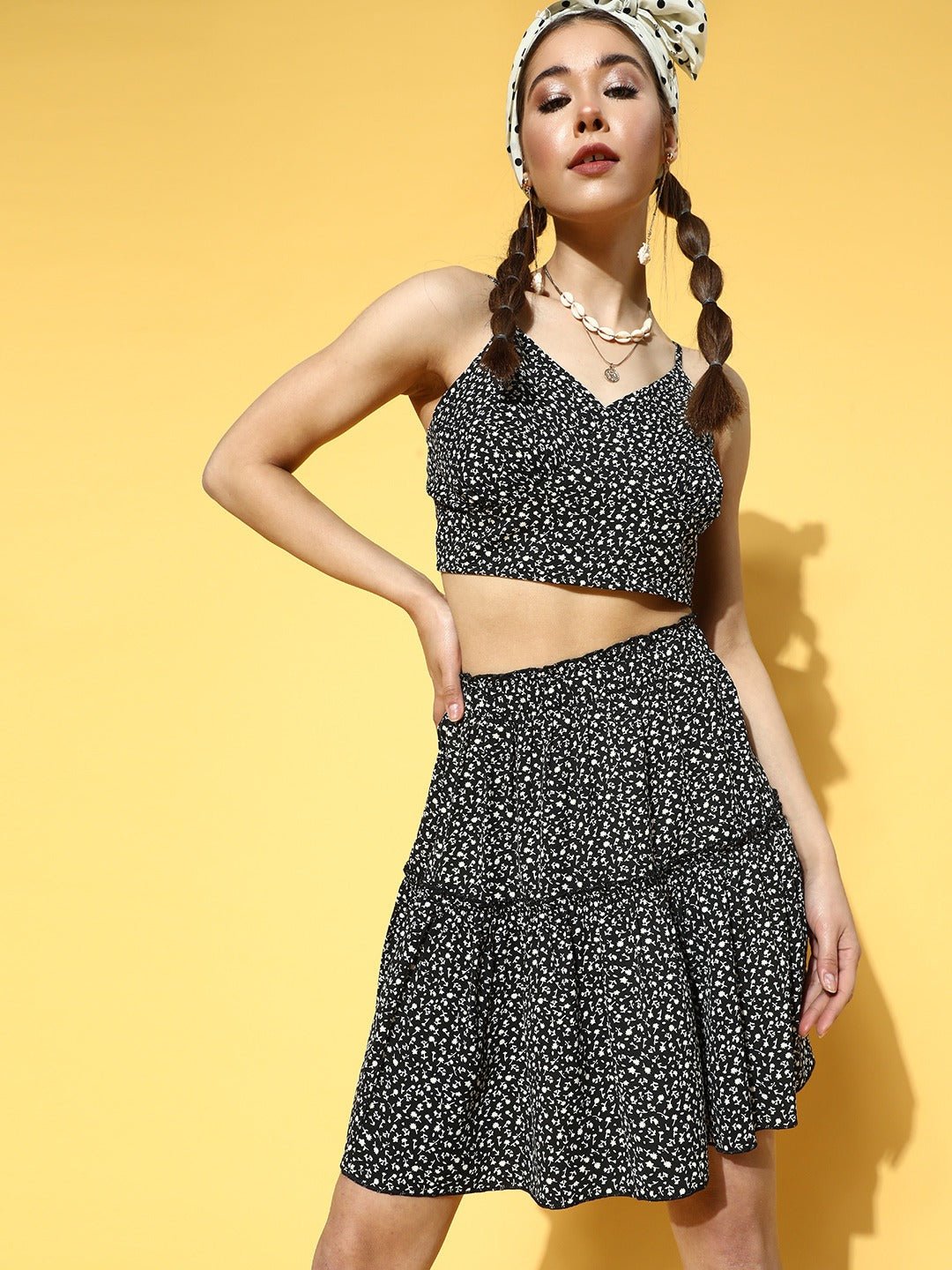 Folk Republic Women Black & White Ditsy Floral Printed V-Neck Sleeveless Flared Crop Top & Mini Skirt Co-Ordinate Set - #folk republic#