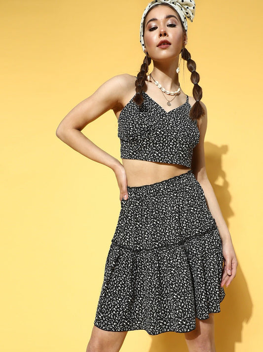 Folk Republic Women Black & White Ditsy Floral Printed V-Neck Sleeveless Flared Crop Top & Mini Skirt Co-Ordinate Set - #folk republic#