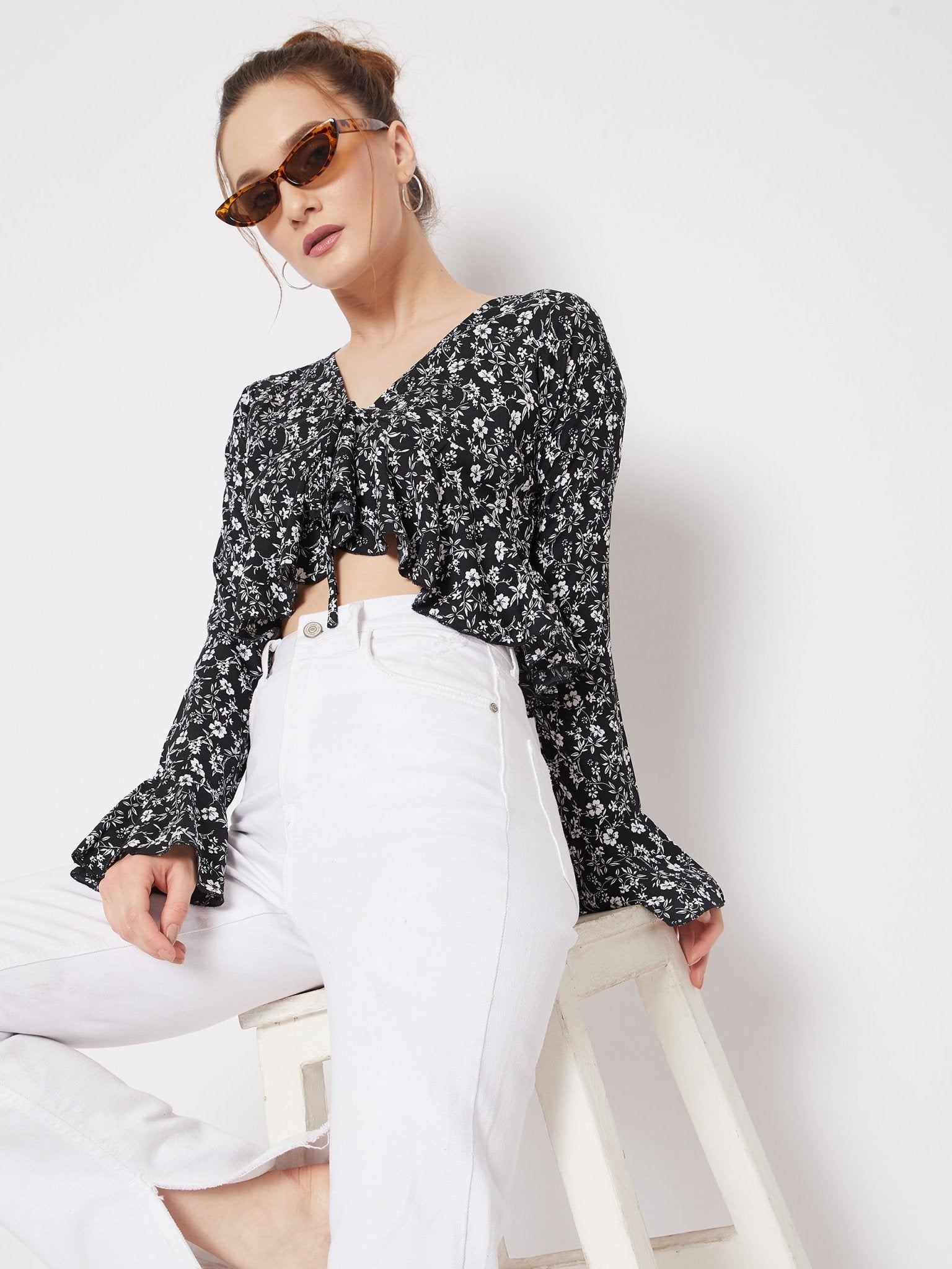 Folk Republic Women Black & White Floral Ditsy Printed V-Neck Front Tie-Up Ruffled Crop Top - #folk republic#