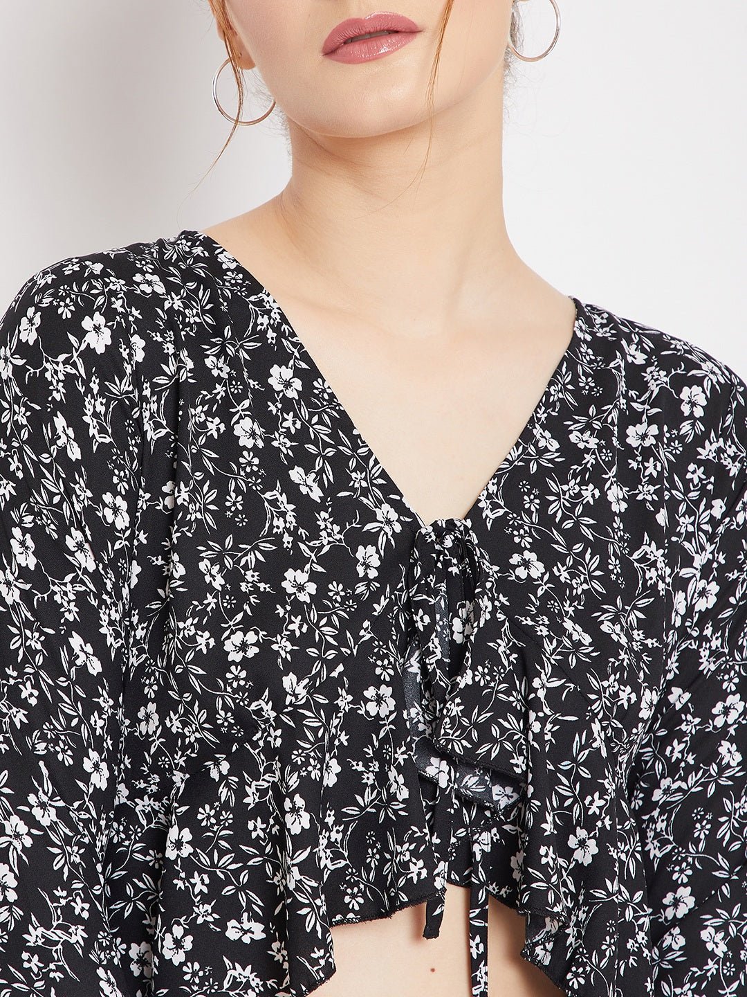 Folk Republic Women Black & White Floral Ditsy Printed V-Neck Front Tie-Up Ruffled Crop Top - #folk republic#