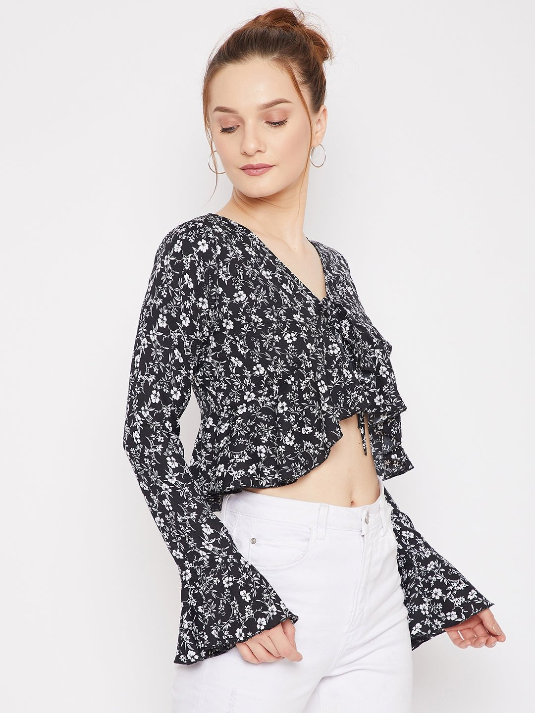 Folk Republic Women Black & White Floral Ditsy Printed V-Neck Front Tie-Up Ruffled Crop Top - #folk republic#