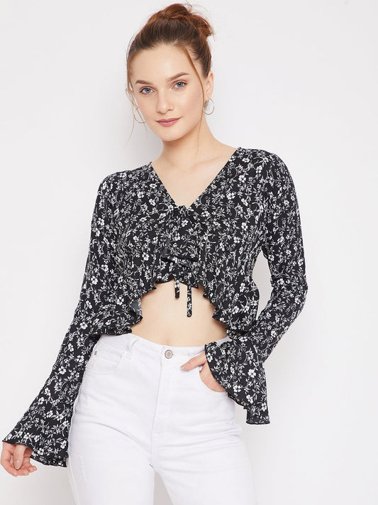 Folk Republic Women Black & White Floral Ditsy Printed V-Neck Front Tie-Up Ruffled Crop Top - #folk republic#