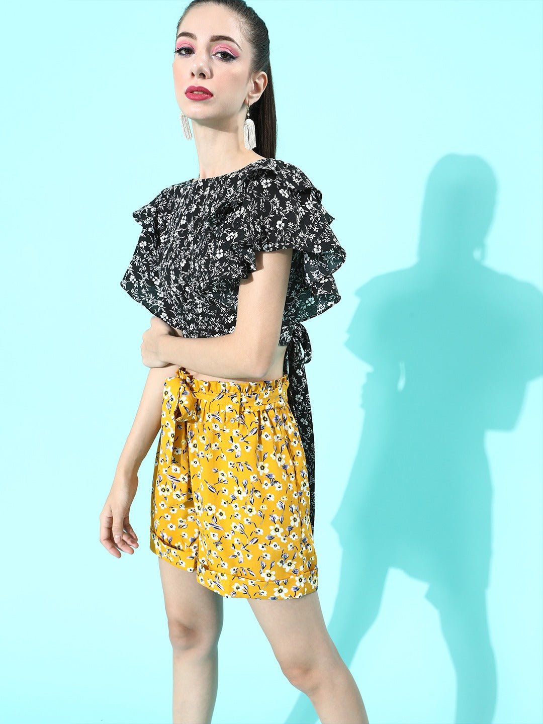 Folk Republic Women Black & White Floral Printed Boat-Neck Ruffled Crop Top - #folk republic#