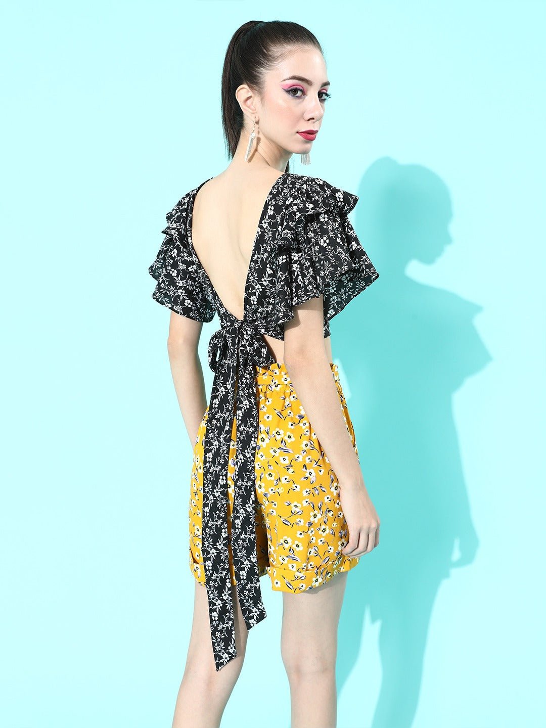 Folk Republic Women Black & White Floral Printed Boat-Neck Ruffled Crop Top - #folk republic#