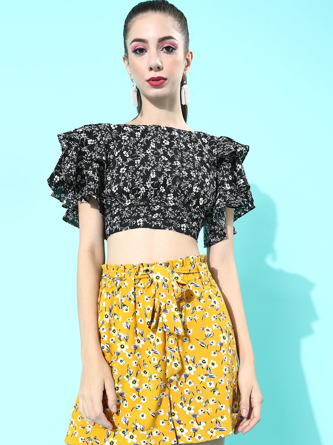 Folk Republic Women Black & White Floral Printed Boat-Neck Ruffled Crop Top - #folk republic#