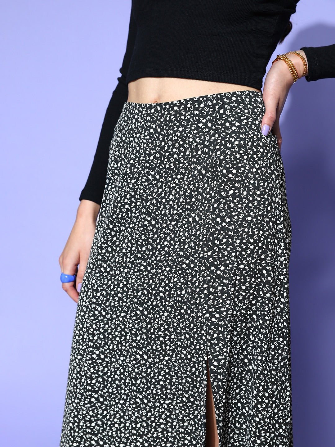 Folk Republic Women Black & White Floral Printed High-Rise Waist Side-Slit Flared A-Line Maxi Skirt - #folk republic#
