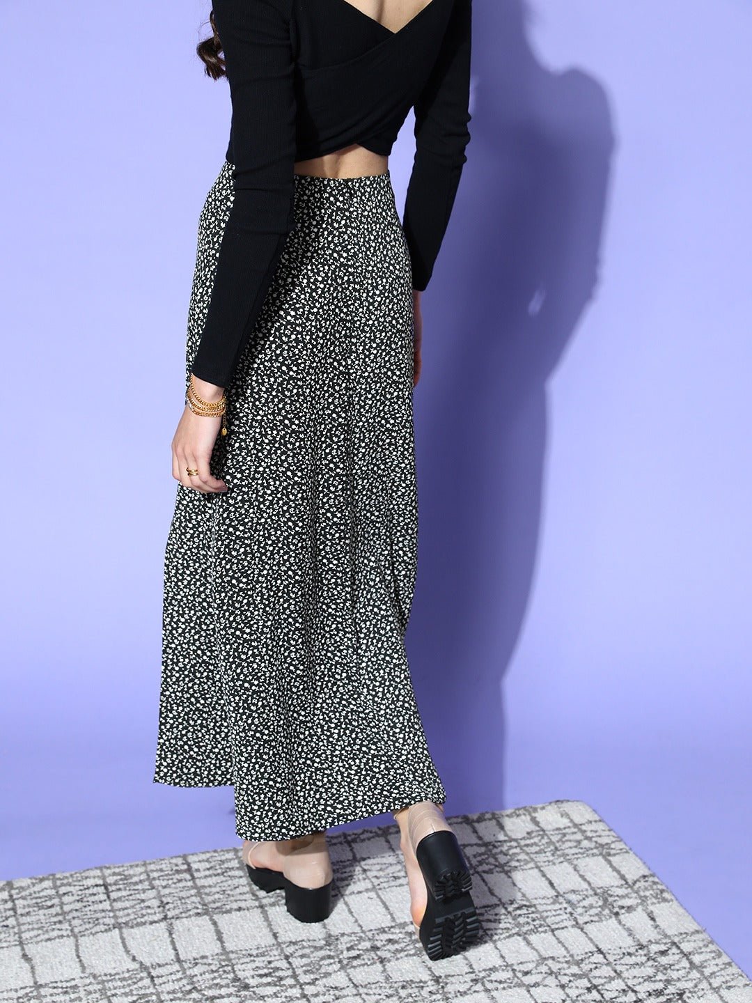Folk Republic Women Black & White Floral Printed High-Rise Waist Side-Slit Flared A-Line Maxi Skirt - #folk republic#