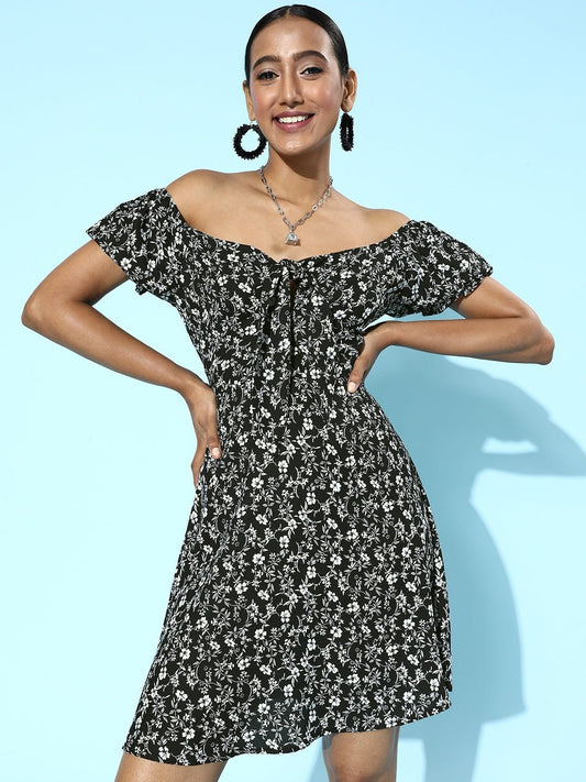 Folk Republic Women Black & White Floral Printed Off-Shoulder Front Tie-Up Fit & Flare Mini Dress - #folk republic#