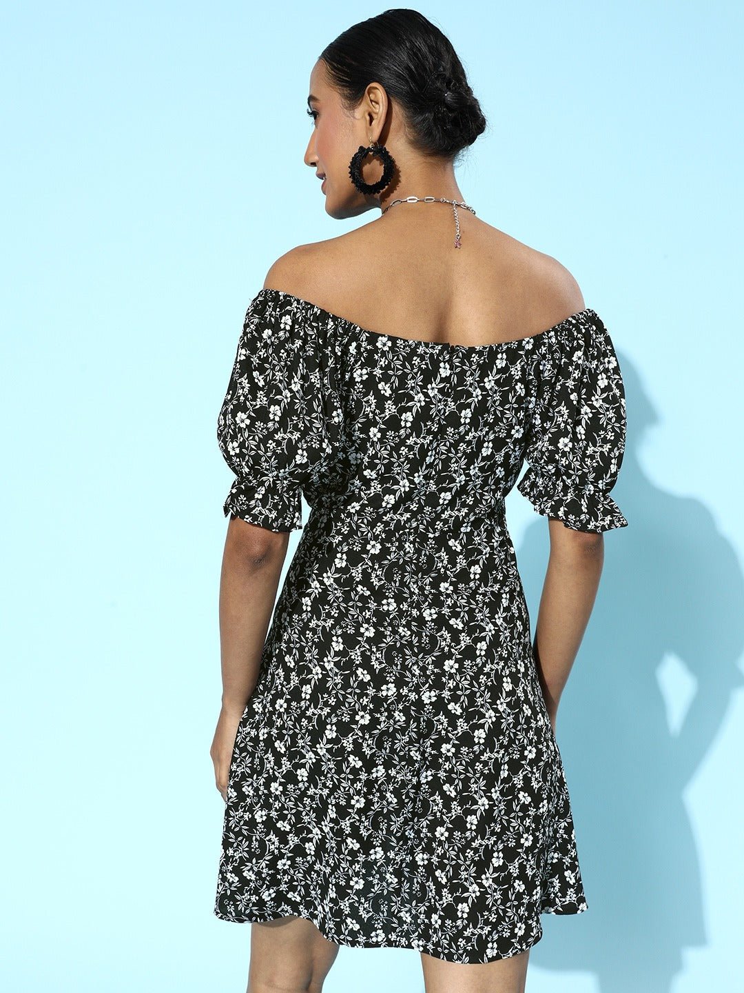 Folk Republic Women Black & White Floral Printed Off-Shoulder Front Tie-Up Fit & Flare Mini Dress - #folk republic#